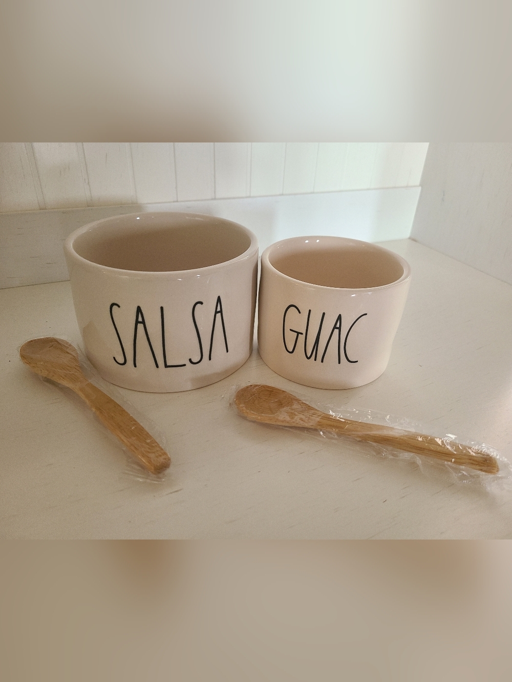 Rae Dunn Salsa/Guac Bowls with Wooden Spoons